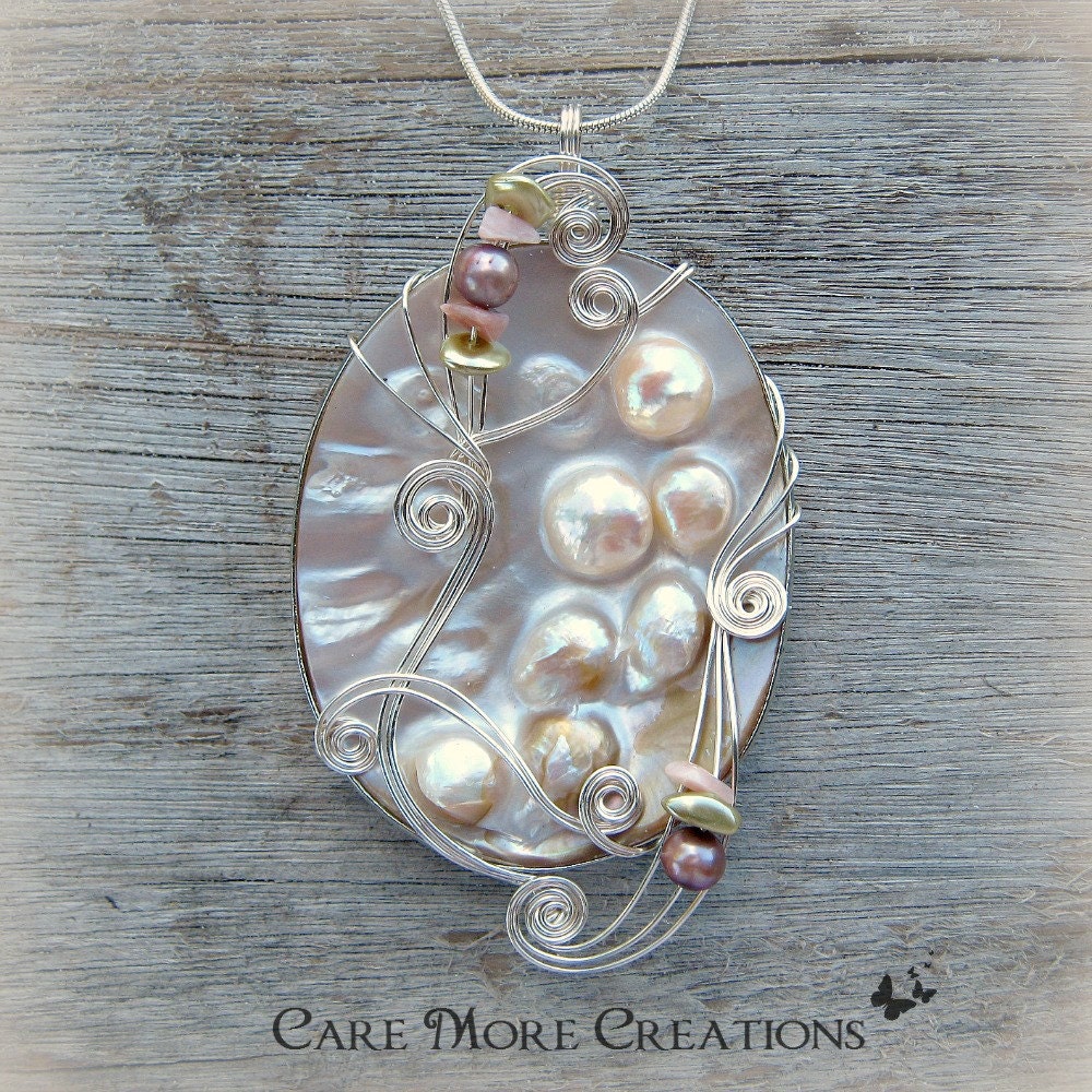 Wire Wrapped Pendant - Pink Blister Pearl Shell Necklace in Silver