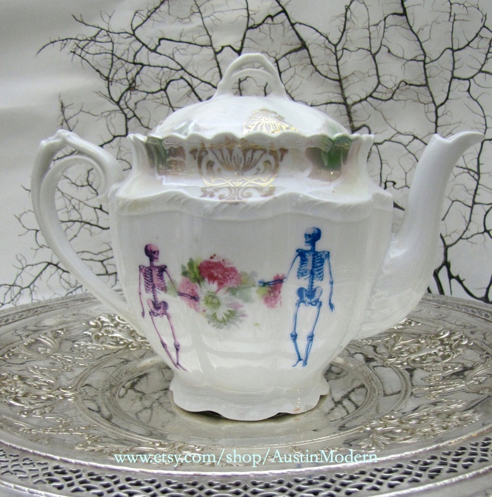 Pink and Blue Skeleton Altered Antique Vintage China Teapot Victorian Skull and Bones