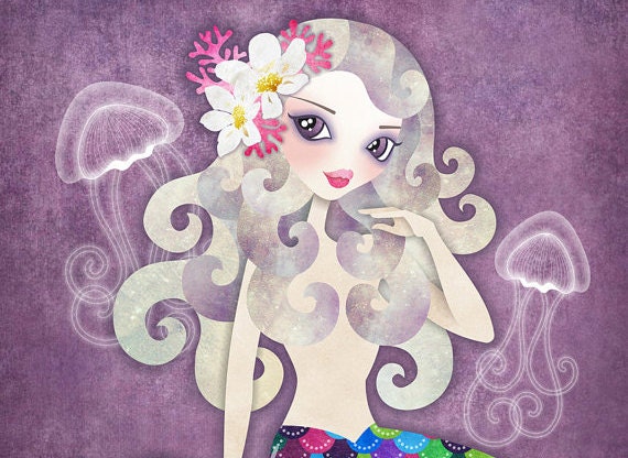 Amethyste Mermaid Water Nymph, 8 x 10 Print Digital Illustration
