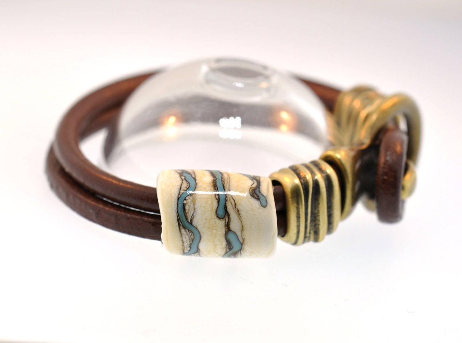 Warm Brown Leather, SRA Organic Beach Bead Lampwork and Brass Bracelet