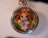 OOAK Vintage Inspired Childrens Illustration Girl with Doll Polymer Clay Shadowbox Pendant Necklace