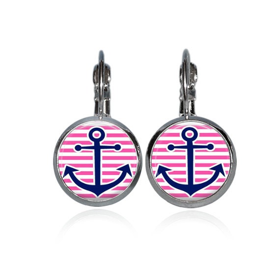 Glass Dome Earrings - Navy Anchor (Pink)