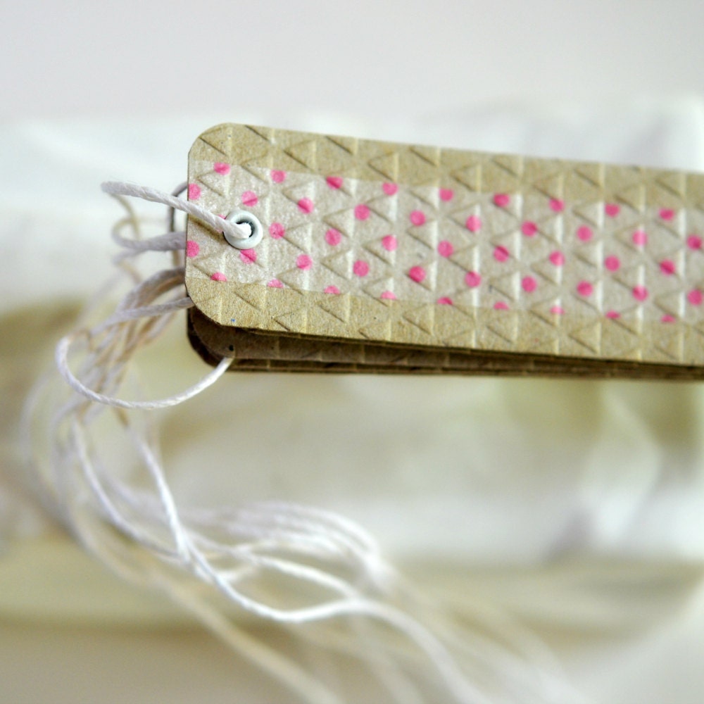 6 Embossed Washi Tape Tags Kraft Pink Dots Mothers Day