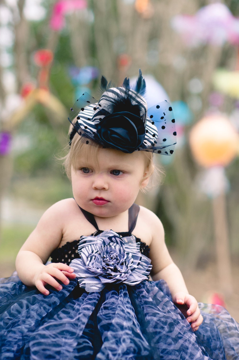 Zebra Girls Top Hat - Fun satin crystal center fabric flower, tulle, feathers - Perfect photo prop, bithday - One size on clips