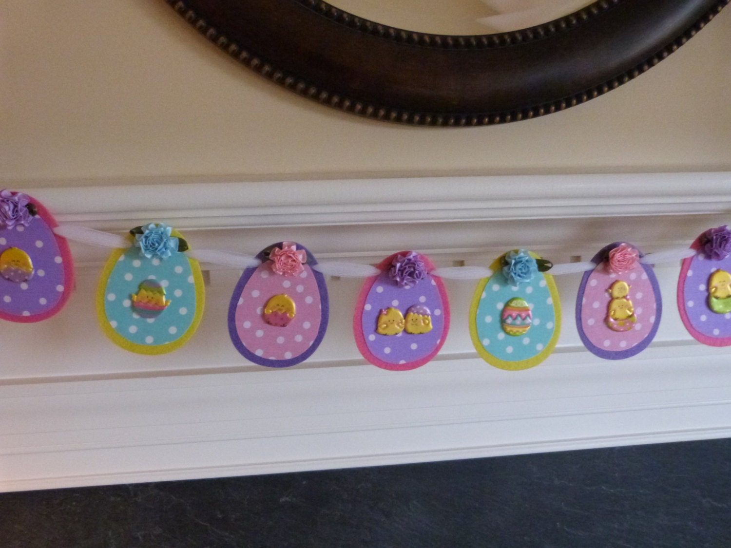 Colorful Easter Polka Dot Fabric Flower Garland  Banner Decoration, Photo Prop - 9 Felt Eggs-  READY TO GO