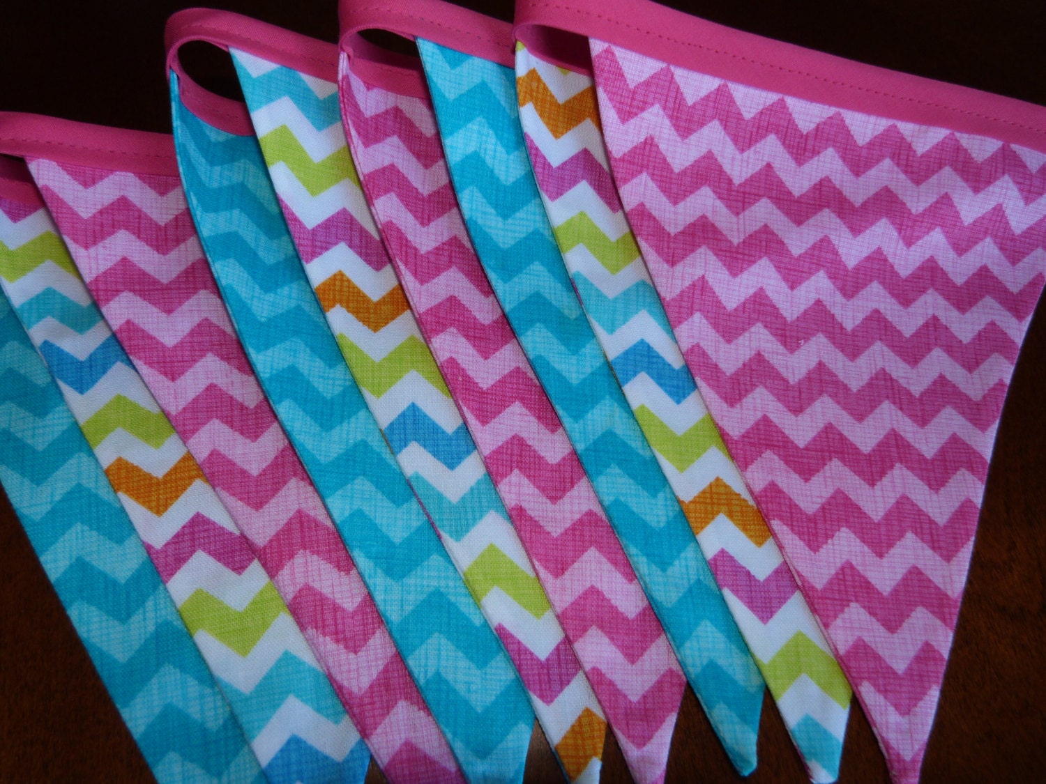 Colorful Chevron Party,  Birthday, Playroom, Classroom Decorating 9 Bunting Flags- 9 Feet
