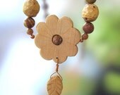 Bohemian Woodland Pendant Necklace Rustic Wooden Flower Earthy Gemstones