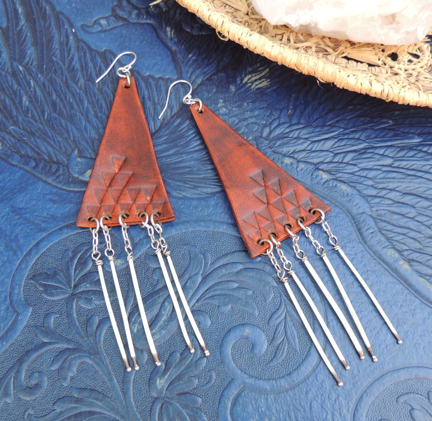 Geometric Tooled Leather Porcupine Quill Earrings by fhf