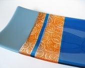 Fused Glass Rectangle Plate  Blue & Orange Pattern