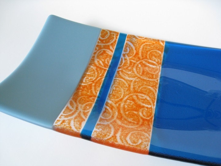 Fused Glass Rectangle Plate Blue & Orange Pattern