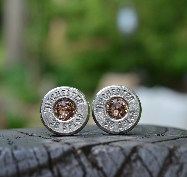 Bullet Earrings stud or post steampunk, nickel silver Winchester .38 special with Swarovski crystals