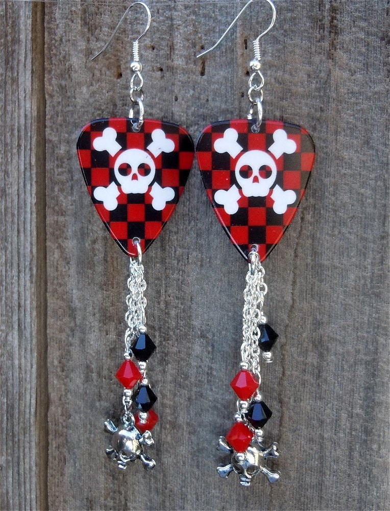 Skull and Crossbones with Checkered Guitar Pick Earrings with Dangles