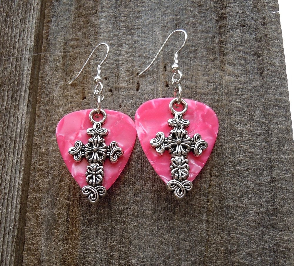 Cross Charms with Pink Guitar Picks Earrings
