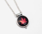 Scarlet Maple Leaf on Black in Tiny Medallion Sterling Silver Necklace with Fine Art Image Transfer and Resin