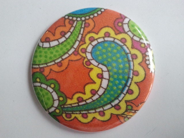 Pocket Mirror - BRIGHT orange blue green FABRIC PAISLEY