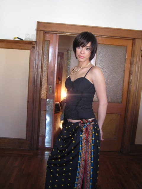 Mary Kate Vintage bohemian Sexy Slit Black and Yellow polka dot Skirt