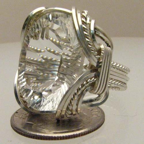 Handmade Solid Sterling Silver Wire Wrap Diamond Concave Cut Quartz Ring