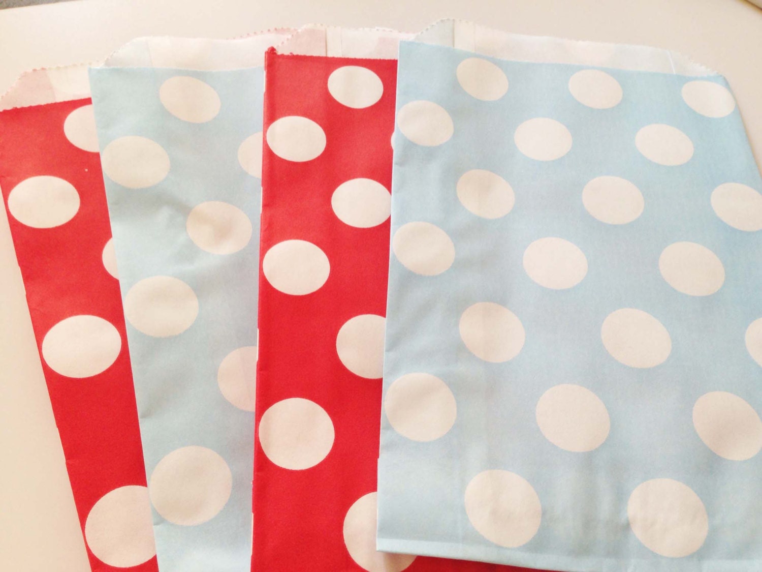 12 Baby Blue & Red Combo Polka Dot Spot Paper Favor Candy Bags - Parties, weddings