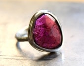 Rose Cut Pink Tourmaline Hammered Band Cocktail Ring Freeform Flat Passion Ring  OOAK US Size 7