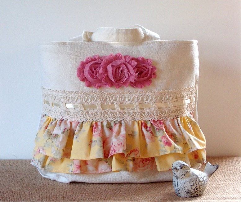 On Sale Shabby Cottage Yellow Chic Rosettes and Cream Ruffled Tote Handbag