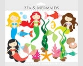 Mermaid clipart - mermaids clip art, little, sea, ocean, fish, seaweed, pearl, starfish, oysters, fish, for personal and commercial use