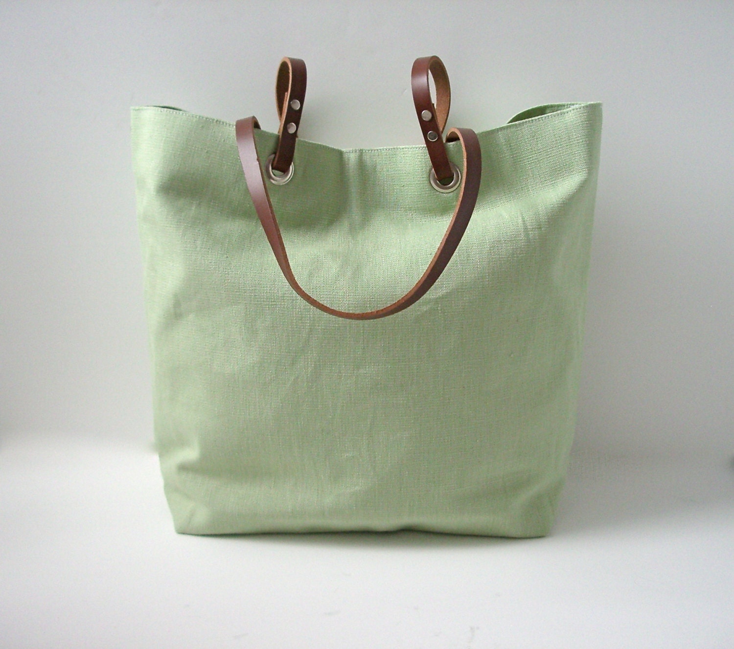 Linen Tote Bag, Beach Bag, Pistachio Tote Bag, Mint Green Bag, Linen and Leather Handbag for Women
