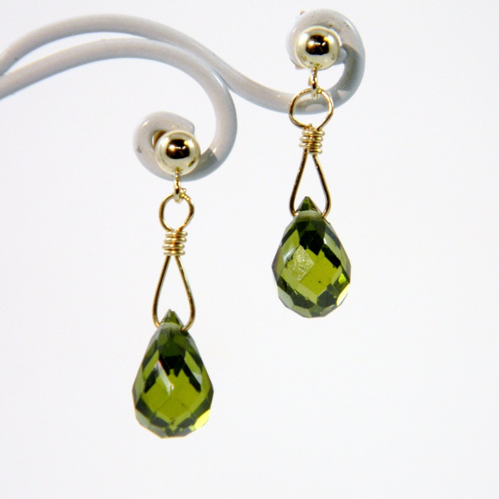 Green Cubic Zirconia Post Earrings - Gold-Filled - Dangle -Briolette