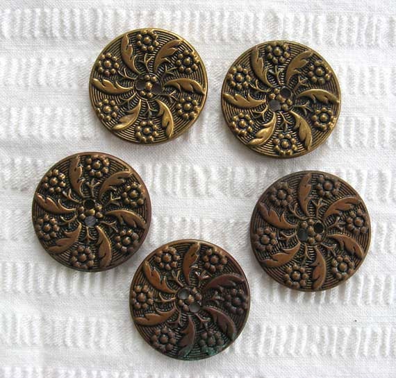 Set of 5 Antique Edwardian Embossed Brass Metal Flower and Feather 2 Hole Buttons