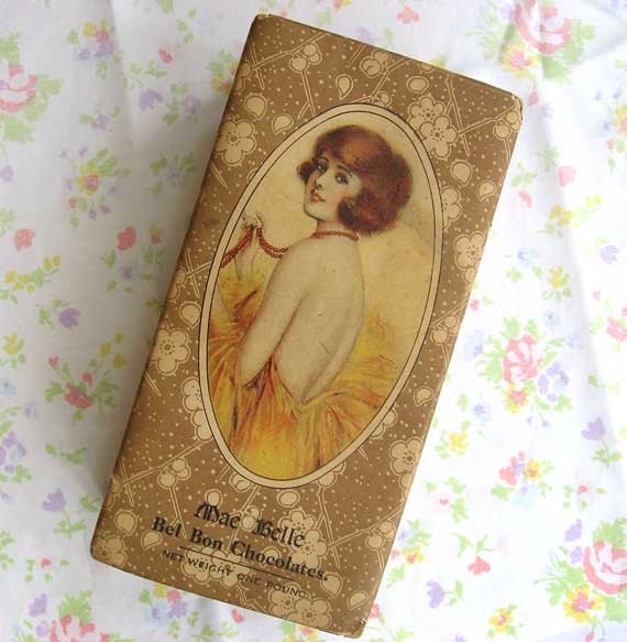 Vintage 1920's Mae Belle Chocolates Advertising Candy Box w Flapper Woman in Yellow Dress
