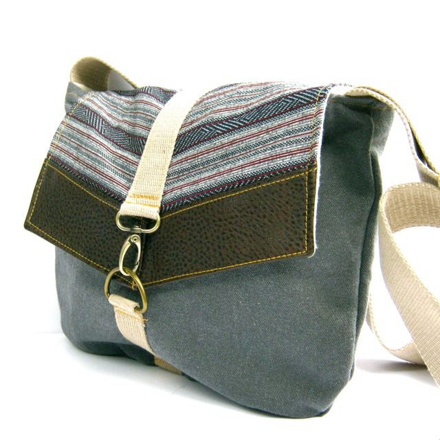 satchel // distressed navy canvas - navy and red tribal stripe - pebbled brown vegan leather // crossbody bag