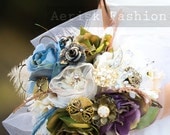 Wedding Brooch Bouquet - Vintage Style bouquet in ivory, mauve purple, and dusty blue made with peacock and ostrich feathers