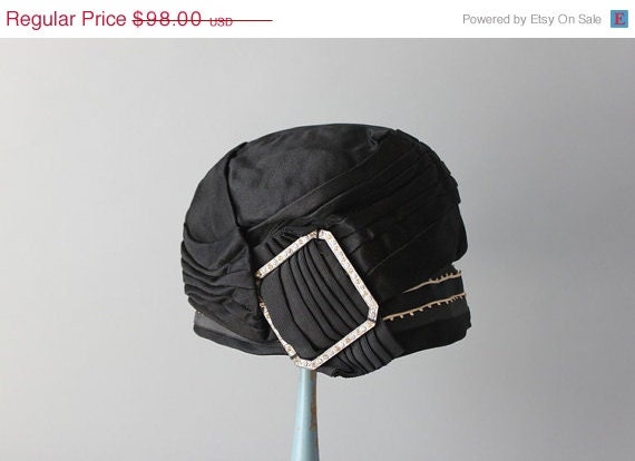 Storewide Sale 1920s Cloche / Vintage 20s Hat / Paste Buckle Black Silk Satin Flapper Hat