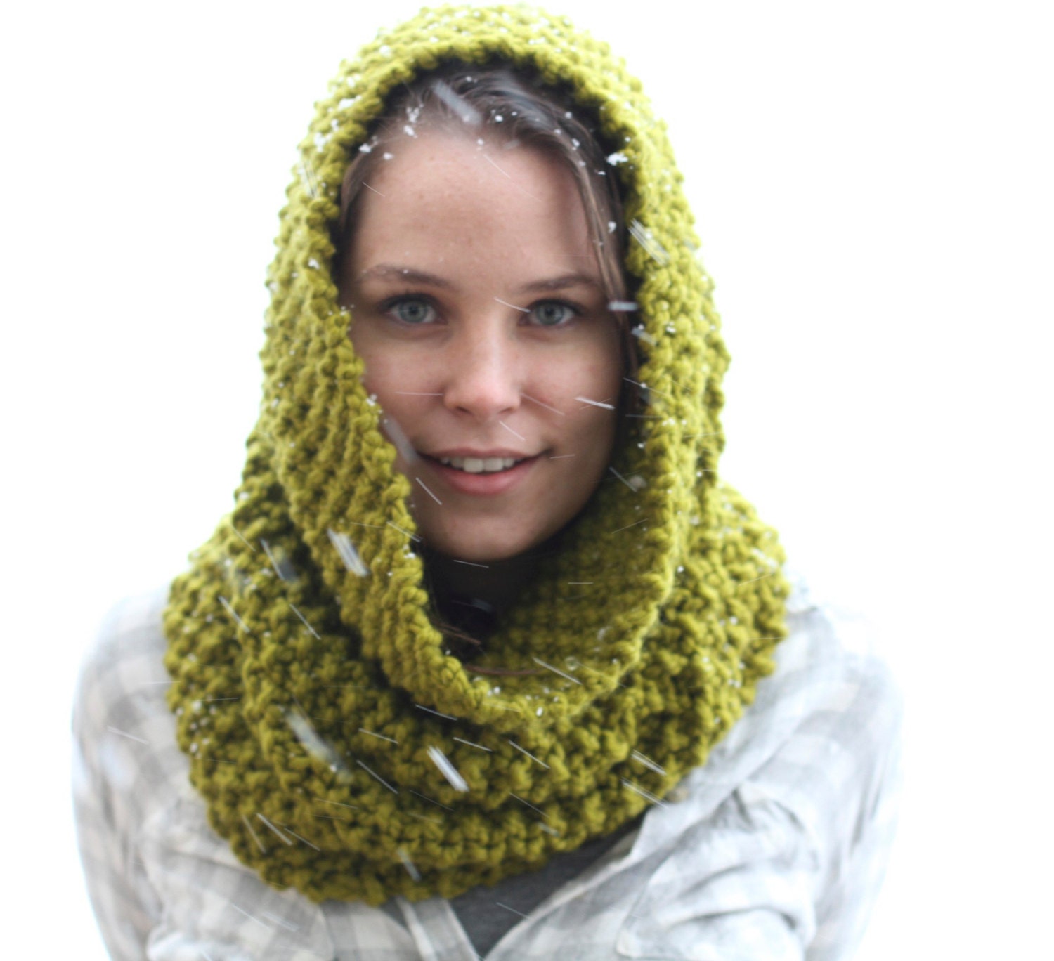 Chunky Hand Knit Infinity Scarf Cowl Hood Large Textured In Lemongrass Green