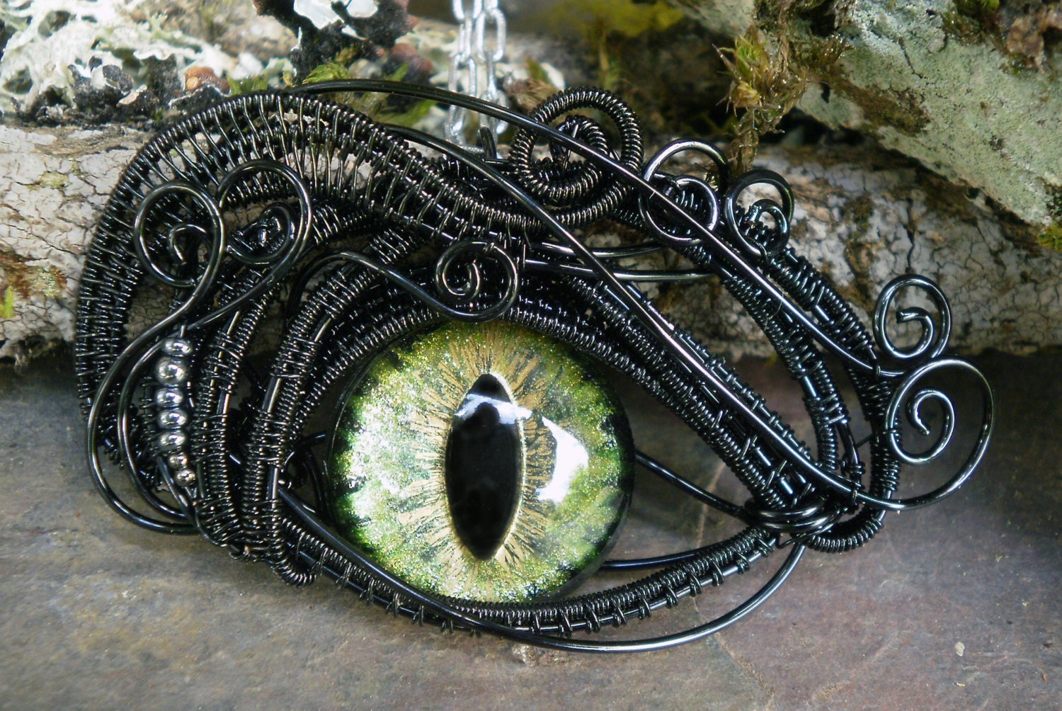 Gothic Steampunk Black Cat Eye Pendant by Twisted Sister Arts