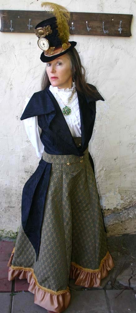 Women's 1895-style Steampunk Black Peacock SIlk Brocade Outer Great Vest