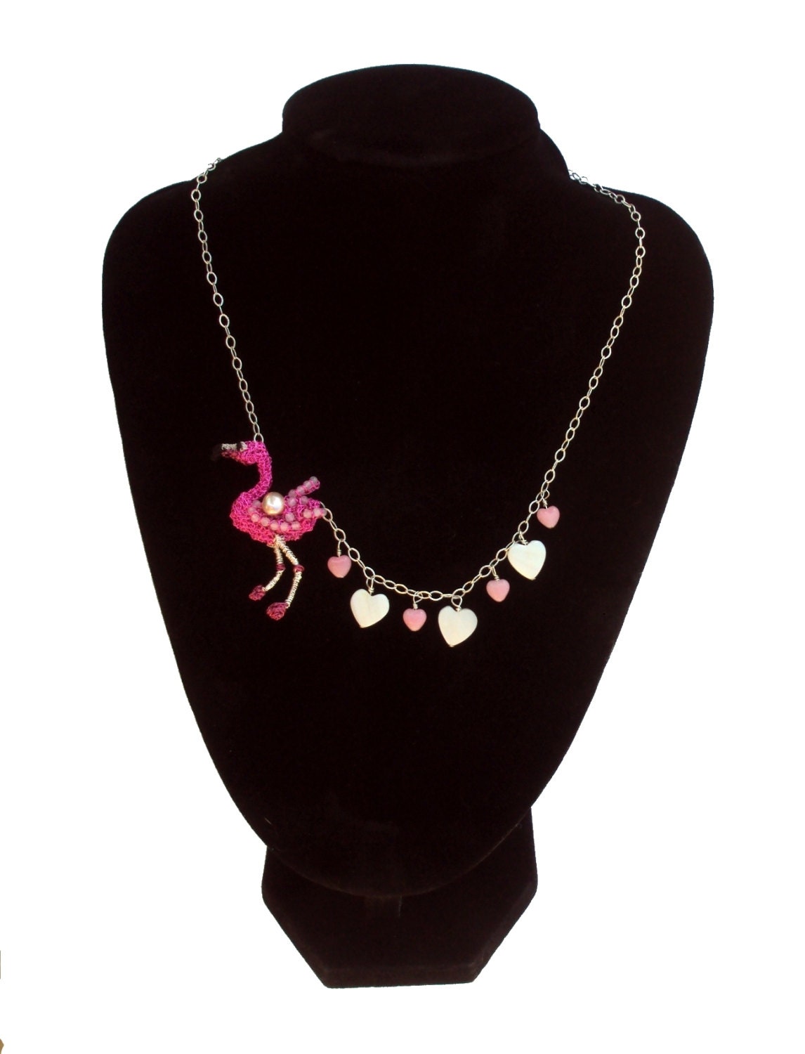 Pink flamingo necklace with hearts on a sterling silver chain