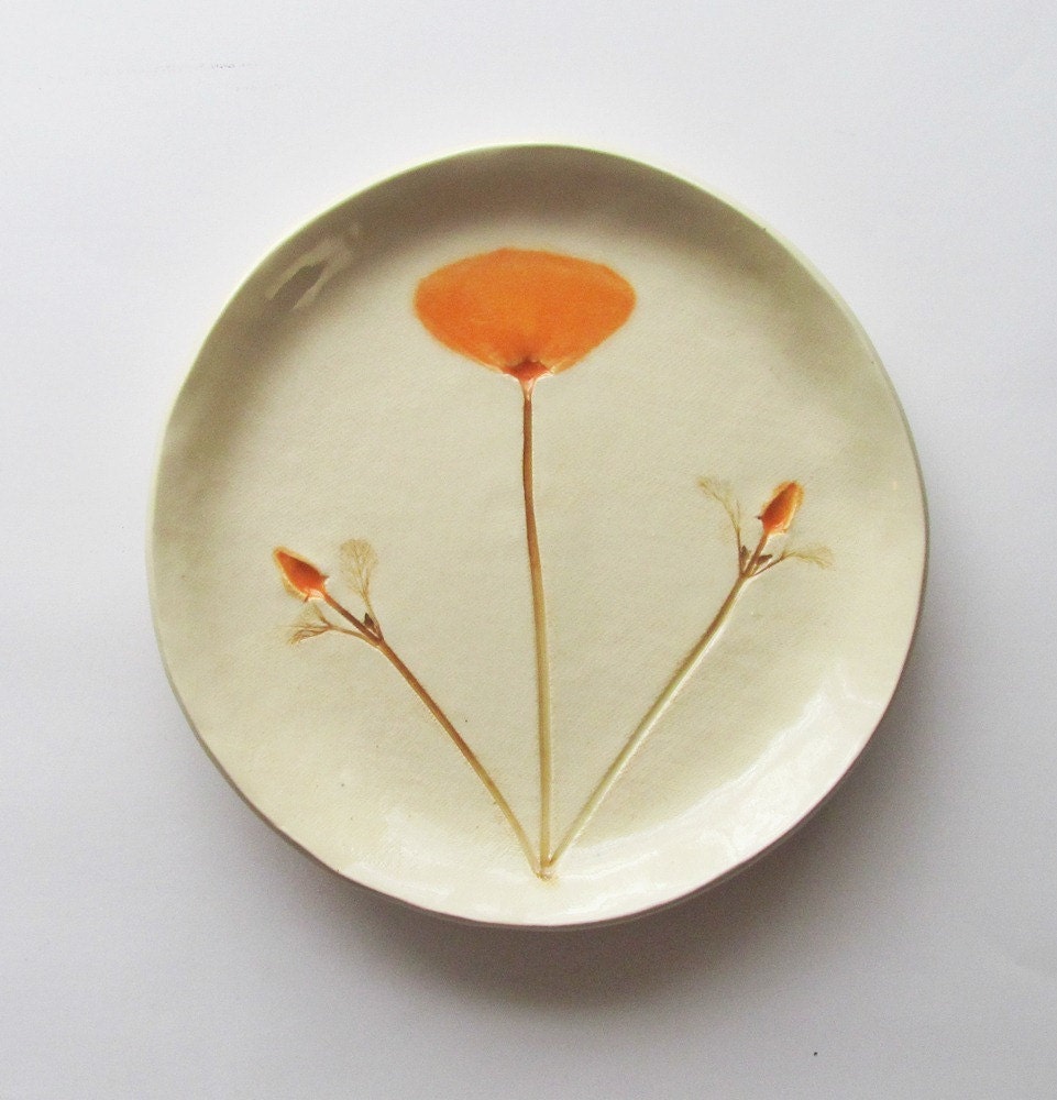 California Poppy: pottery handmade decor plate orange white green ON Sale