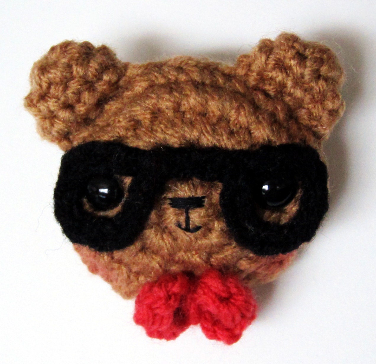 Kawaii Amigurumi Crochet - Pin Brooch - Brown Bear with hipster glasses and red bow tie