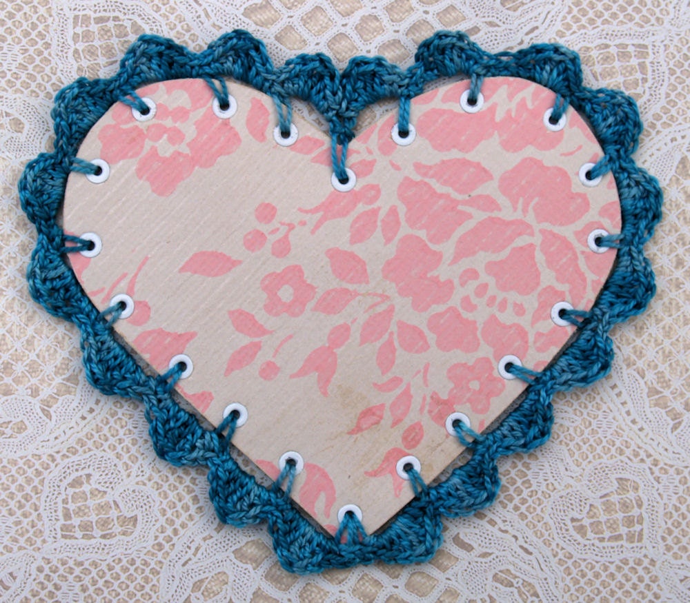 Mothers Day or Birthday Card - Heart Shape Vintage Wallpaper and Hand Crochet Edge With Decorative Label Card