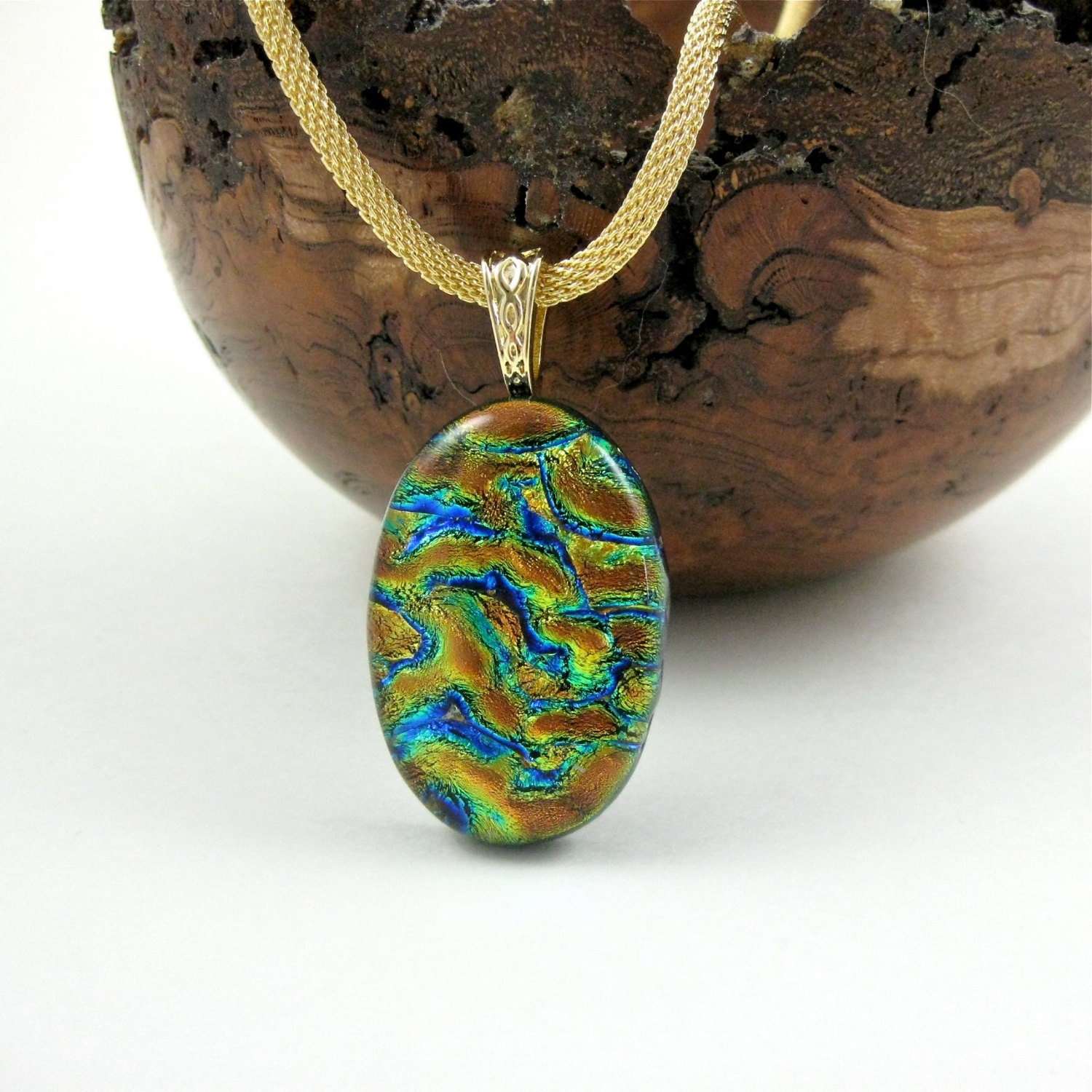 Gold Dichroic Glass Pendant with a Gold Plated Chain