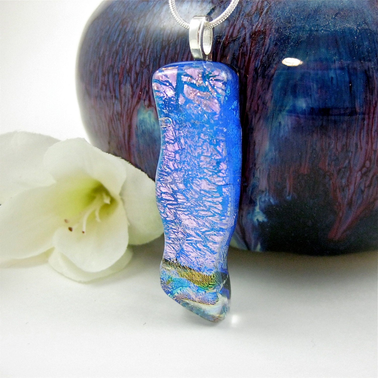 Blue Pink and Gold Dichroic Fused Glass Necklace
