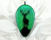 Green Stag Necklace Dichroic Glass Teardrop Pendant