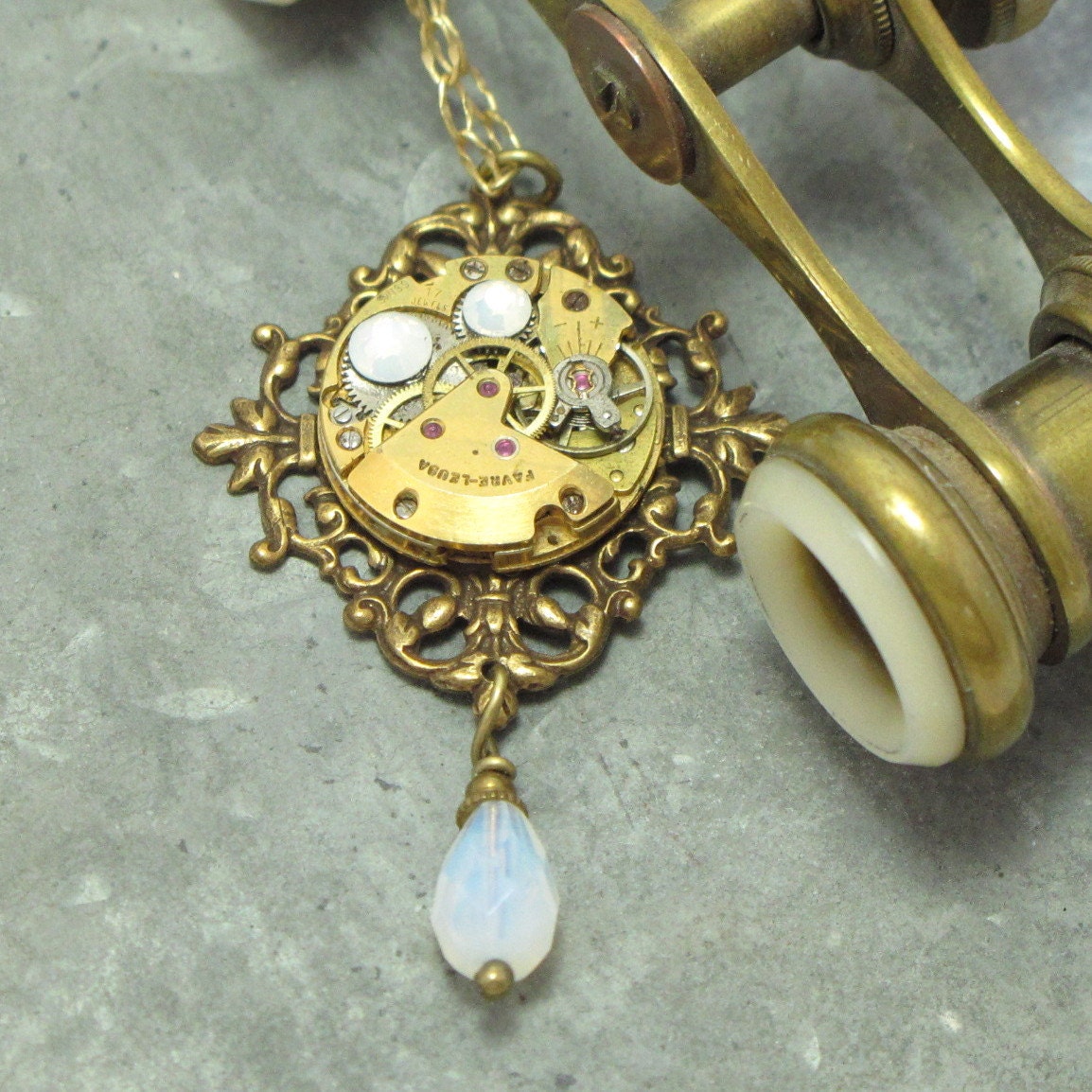 Opal Steampunk OOAK Necklace Vintage Watch Movement Antique Brass Filigree Exclusive Design By Mystic Pieces