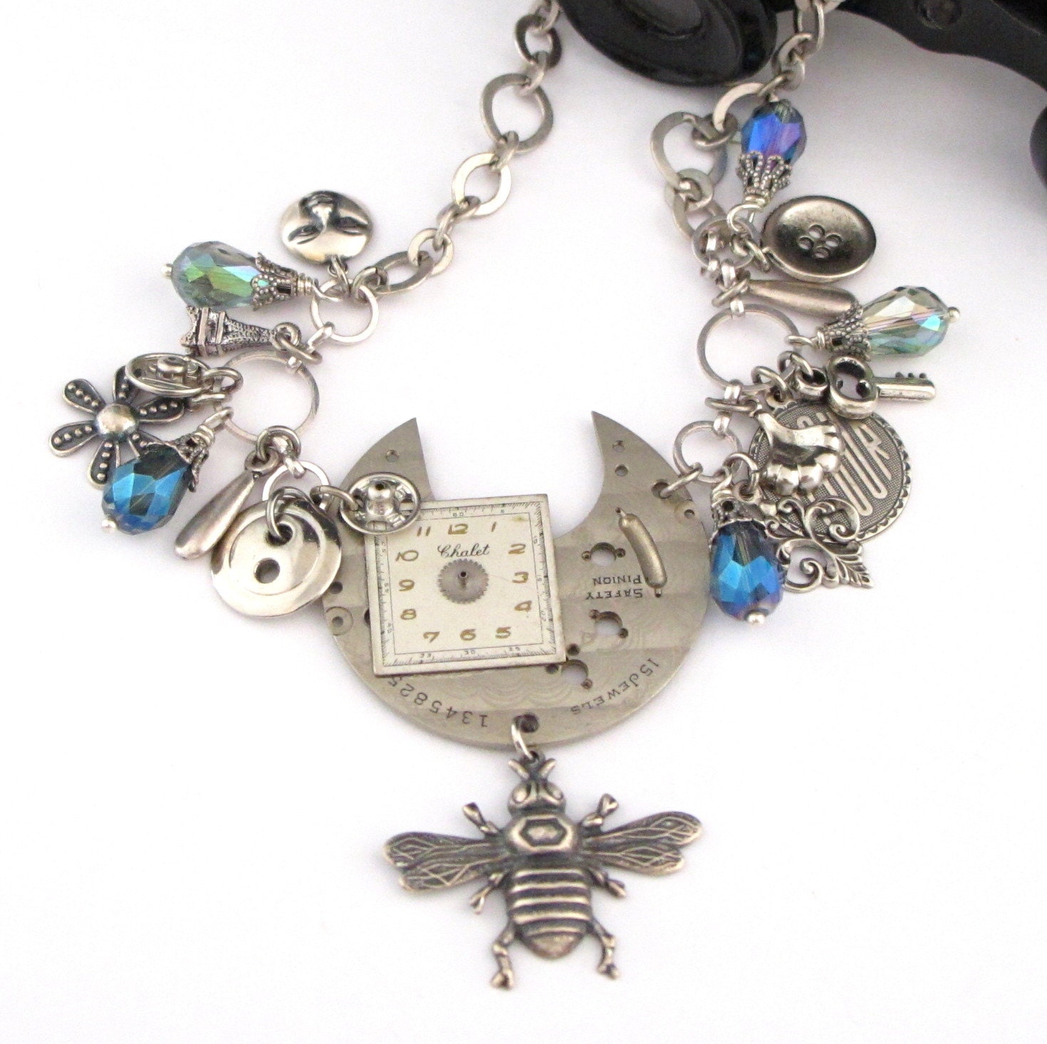 Steampunk Charmed Necklace OOAK Bumble Bee Vintage Watch Parts Crystal Exclusive Design By Mystic Pieces