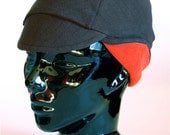 Basic Black Winter Bike Hat (M) of Cozy Stretchy Cotton Knit With Orange Lined Earflap