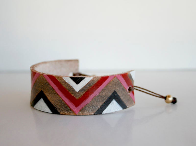Hand Painted Leather Cuff - Bracelet - adjustable