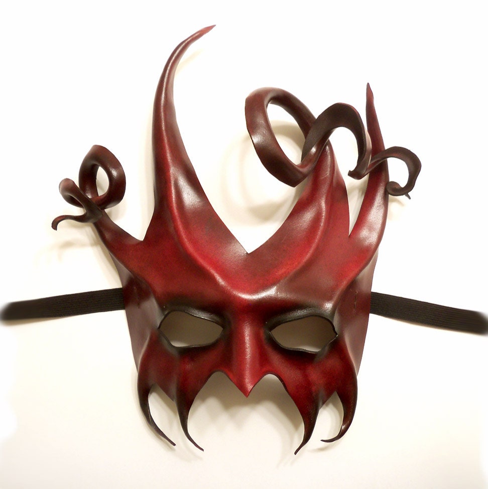 Leather Mask in Dark red and Black devil jester Spirals and Horns