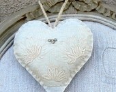 Antique Linen Heart Sachet - Vintage Rhinestones - Wedding