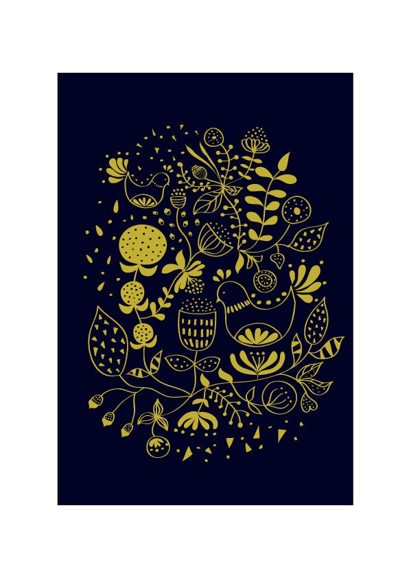 Art Print Poster - Spring  is here - Dark Navy Animal Illustration Geomery Children decor, Kids Room, Wedding Birthday Anniversary Gifts