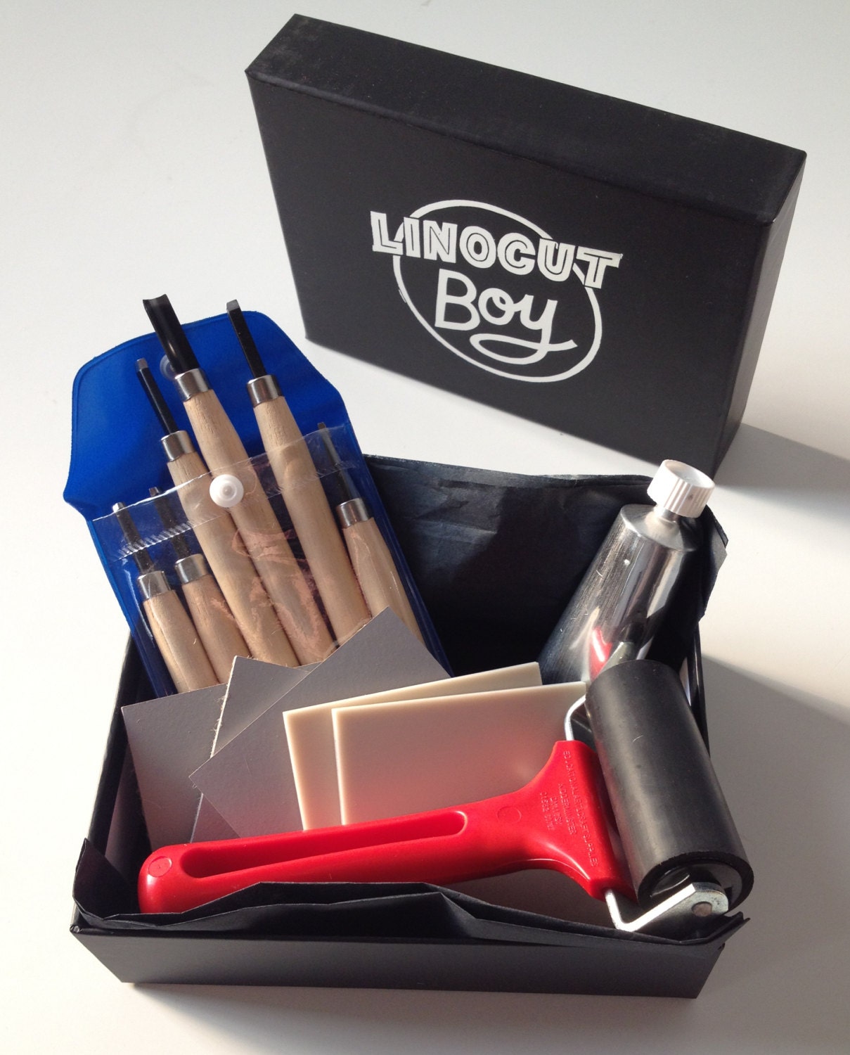 Linocut starter kit - tools, roller, ink, lino